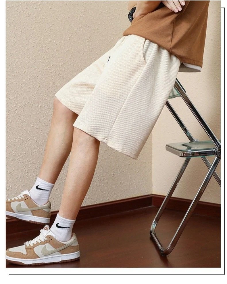 Men's Solid Color Summer Waffle Shorts for Casual, Loose, Breathable, Thin, Basketball Sports, Cropped Shorts, Beach Pants
