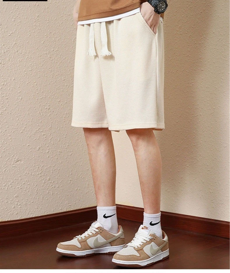 Men's Solid Color Summer Waffle Shorts for Casual, Loose, Breathable, Thin, Basketball Sports, Cropped Shorts, Beach Pants