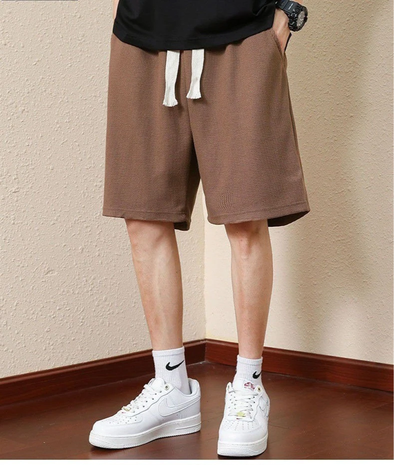 Men's Solid Color Summer Waffle Shorts for Casual, Loose, Breathable, Thin, Basketball Sports, Cropped Shorts, Beach Pants