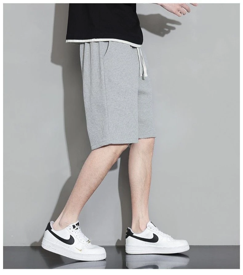 Men's Solid Color Summer Waffle Shorts for Casual, Loose, Breathable, Thin, Basketball Sports, Cropped Shorts, Beach Pants