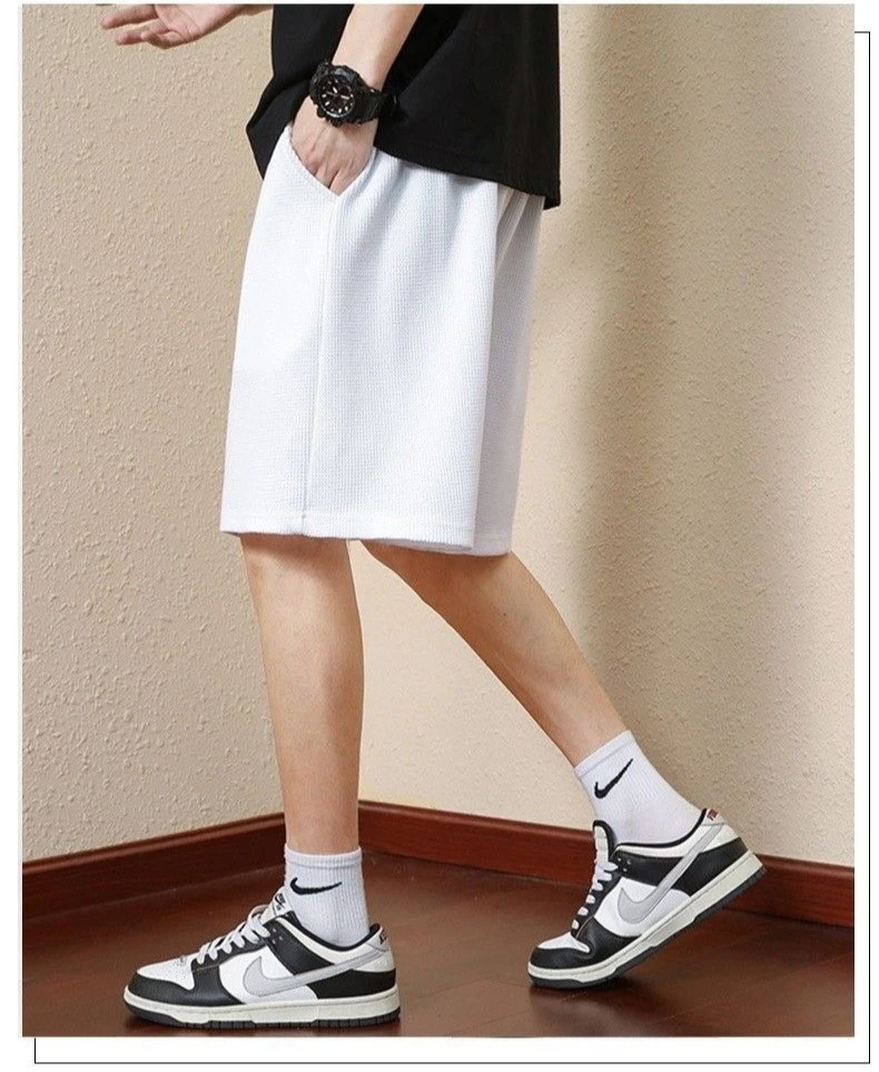 Men's Solid Color Summer Waffle Shorts for Casual, Loose, Breathable, Thin, Basketball Sports, Cropped Shorts, Beach Pants