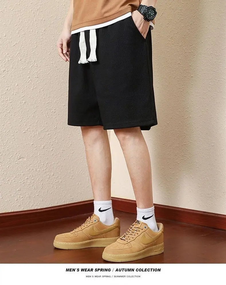 Men's Solid Color Summer Waffle Shorts for Casual, Loose, Breathable, Thin, Basketball Sports, Cropped Shorts, Beach Pants