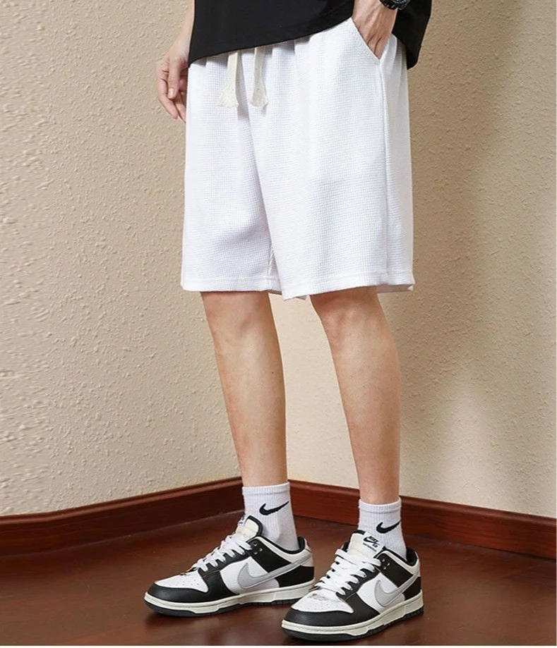 Men's Solid Color Summer Waffle Shorts for Casual, Loose, Breathable, Thin, Basketball Sports, Cropped Shorts, Beach Pants