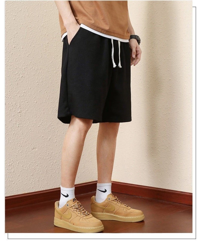 Men's Solid Color Summer Waffle Shorts for Casual, Loose, Breathable, Thin, Basketball Sports, Cropped Shorts, Beach Pants