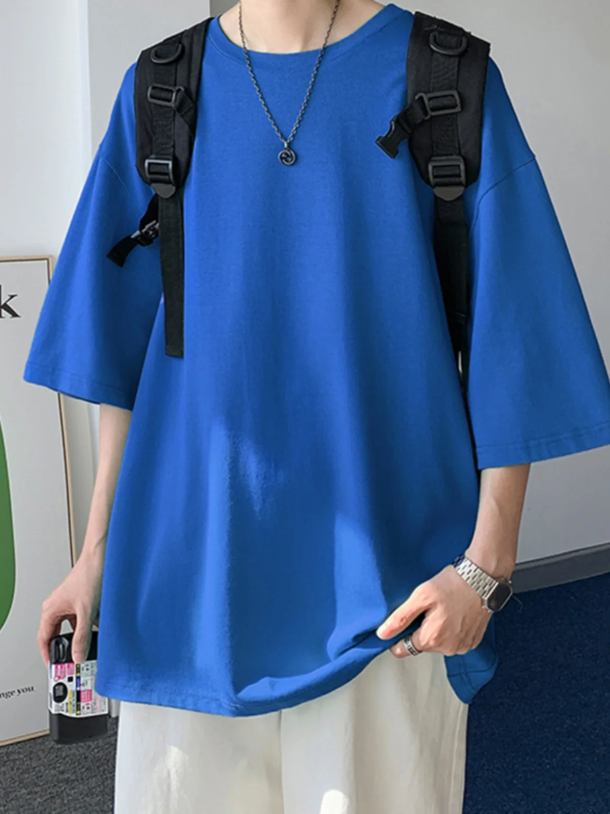 Pure black pure cotton short sleeved T-shirt for men as base, all season solid color loose couple pure cotton T-shirt