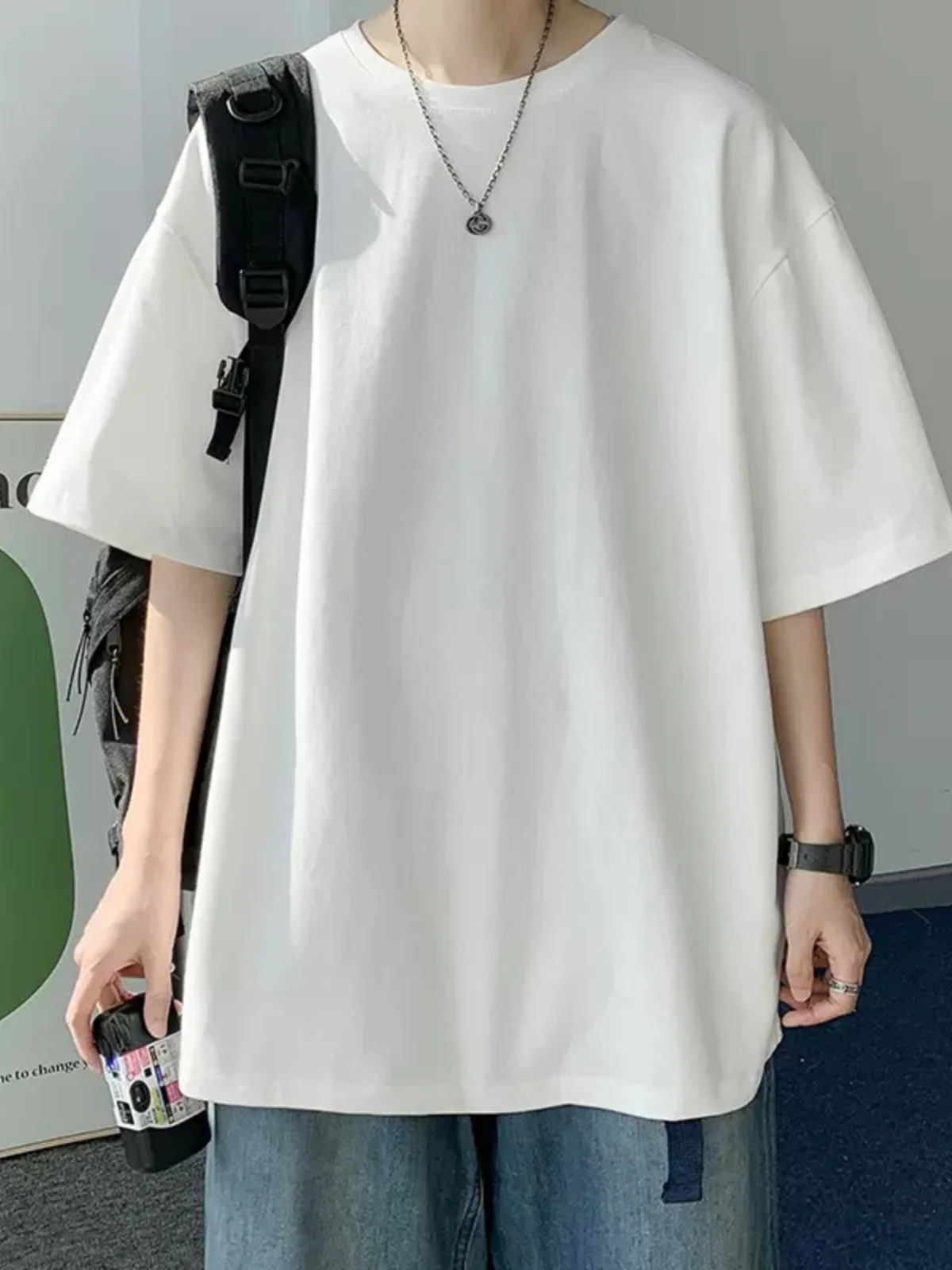 Pure black pure cotton short sleeved T-shirt for men as base, all season solid color loose couple pure cotton T-shirt