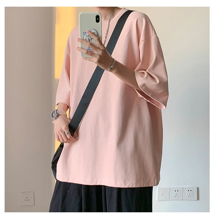 Pure black pure cotton short sleeved T-shirt for men as base, all season solid color loose couple pure cotton T-shirt
