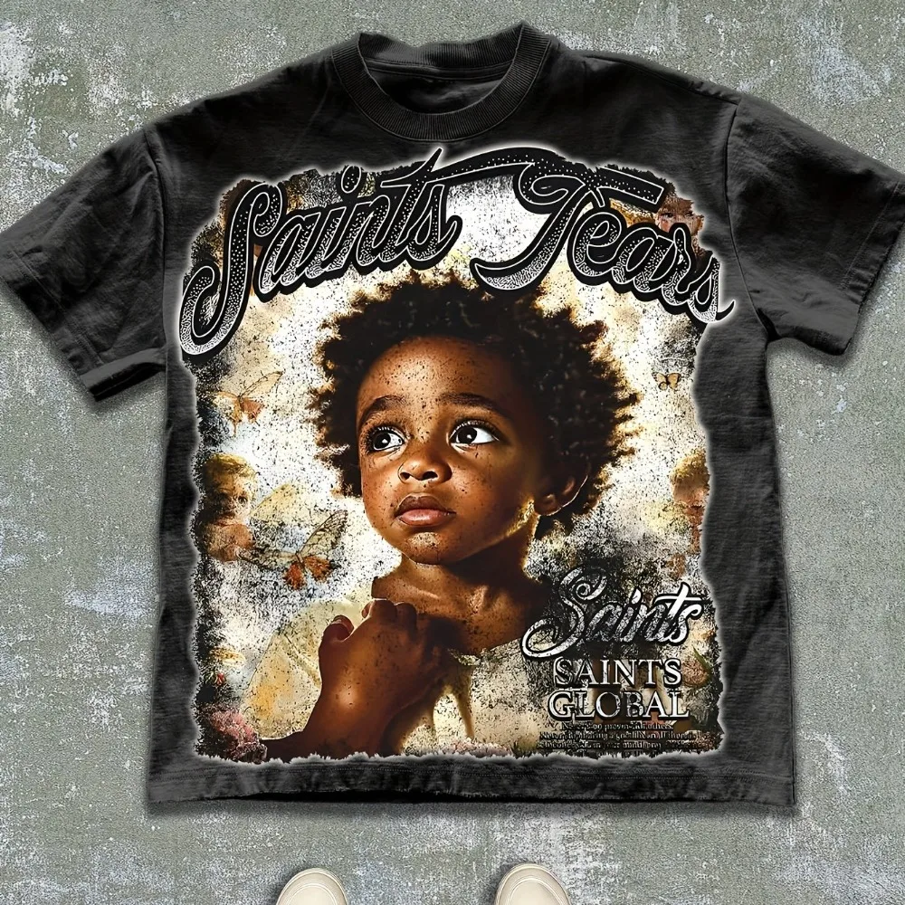 Men's Saint's Tears Pattern T-shirt for Spring and Summer, Suitable for Both Men and Women, Casual T-shirt