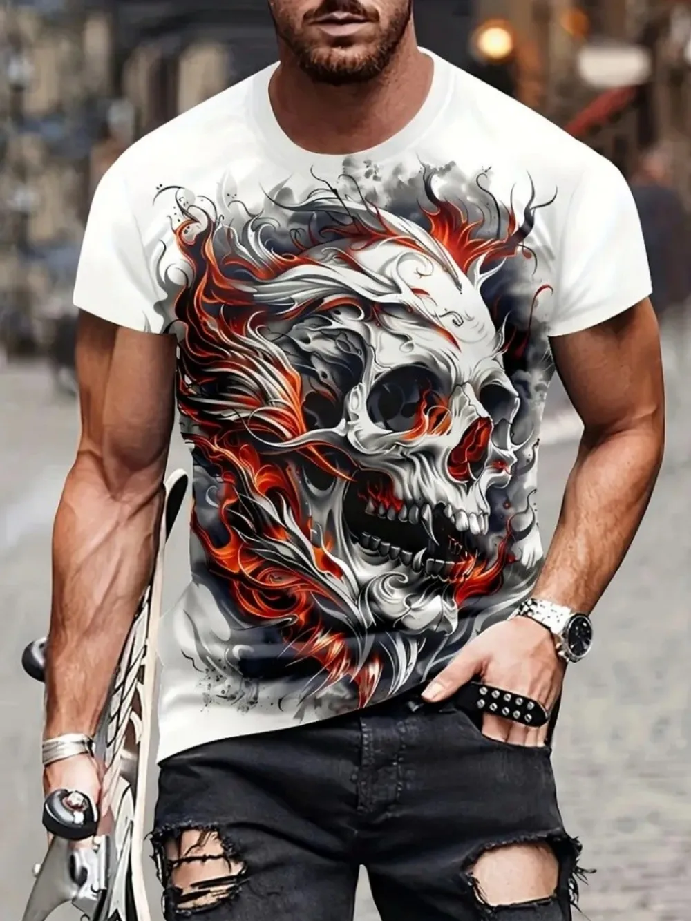 Fashionable New Summer Men's Personalized Skull Print Comfortable and Breathable Round Neck T-Shirt Outdoor Party Top