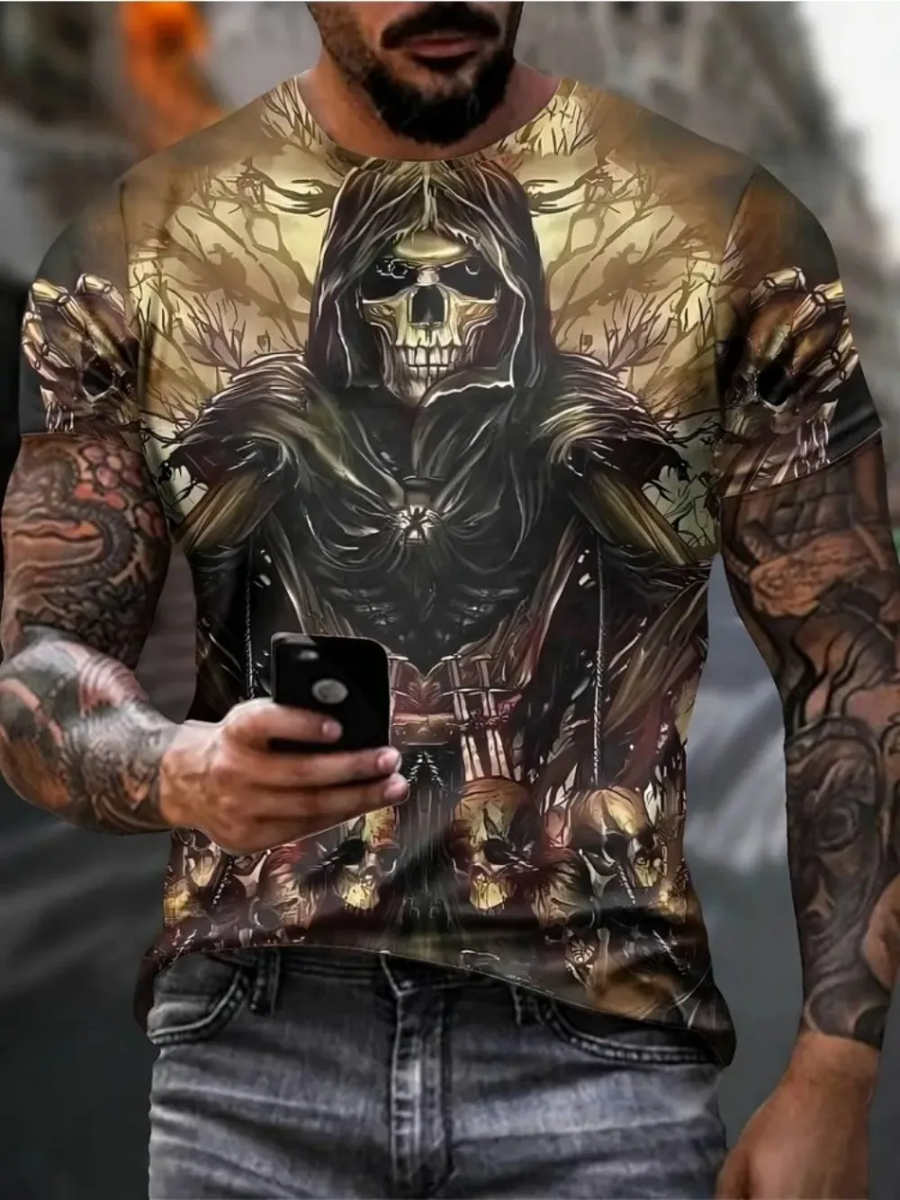 Fashionable New Summer Men's Personalized Skull Print Comfortable and Breathable Round Neck T-Shirt Outdoor Party Top