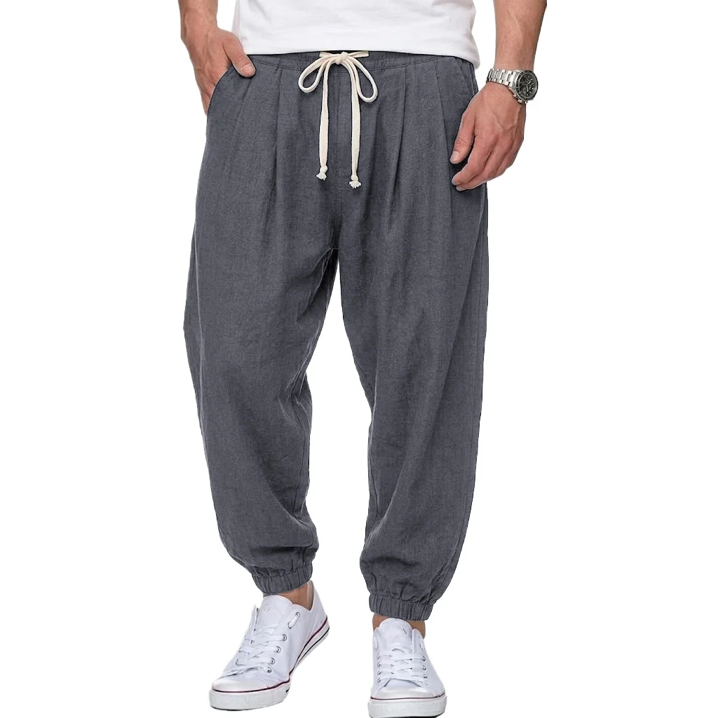 Mens Cotton Linen Trousers Casual Loose Fit Harem Pants Drawstring Bottoms for Spring Autumn Streetwear Joggers for Daily Wear