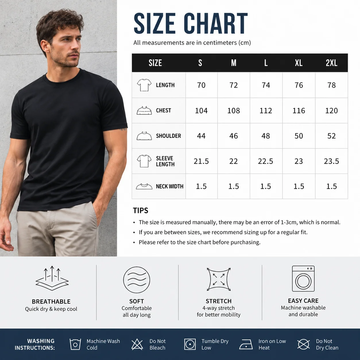 Men's Solid Black T Shirt Slim Fit Short Sleeve Crew Neck Summer Casual Basic Tee Breathable Fitness Streetwear Tops