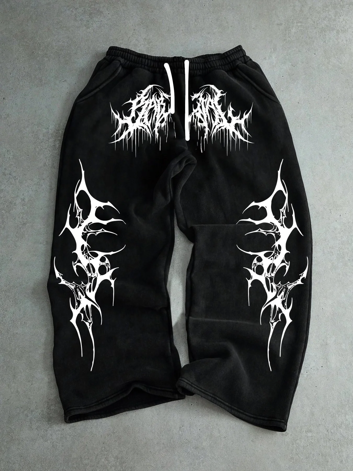 Men Gothic Vertical Graphic Wide Leg Sweatpants Drawstring Loose Straight Baggy Y2K Dark Punk Streetwear Pants.
