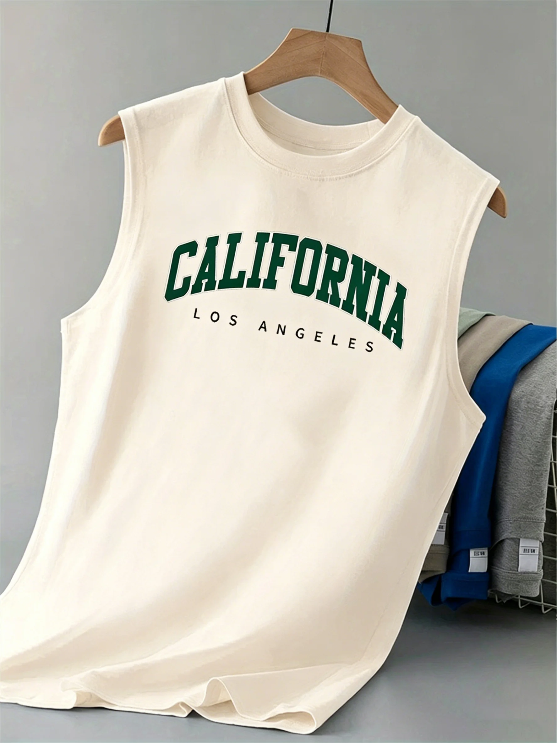100% Pure Cotton Men's Summer Casual Loose California Pattern Printed Fitness Breathable Round Neck Sleeveless Vest-H13