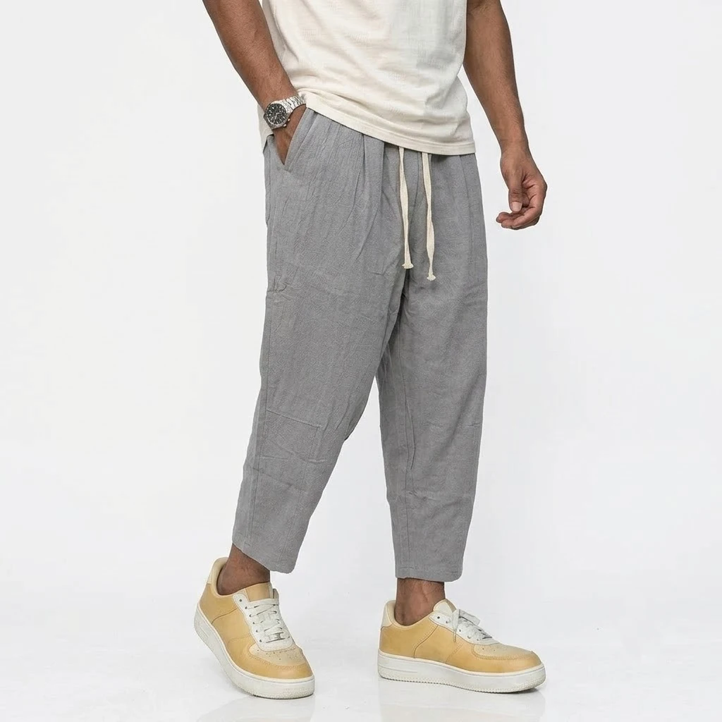 Men's Trousers Cotton Baggy Pants Casual Linen Pants Solid Color Breathable Loose Shorts Straight Drawstring Pants Gym Men Work