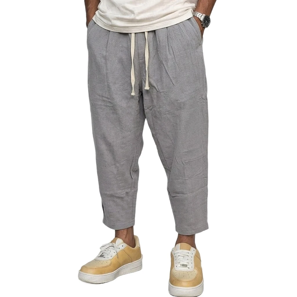 Men's Trousers Cotton Baggy Pants Casual Linen Pants Solid Color Breathable Loose Shorts Straight Drawstring Pants Gym Men Work