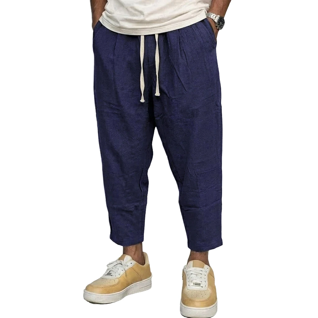 Men's Trousers Cotton Baggy Pants Casual Linen Pants Solid Color Breathable Loose Shorts Straight Drawstring Pants Gym Men Work