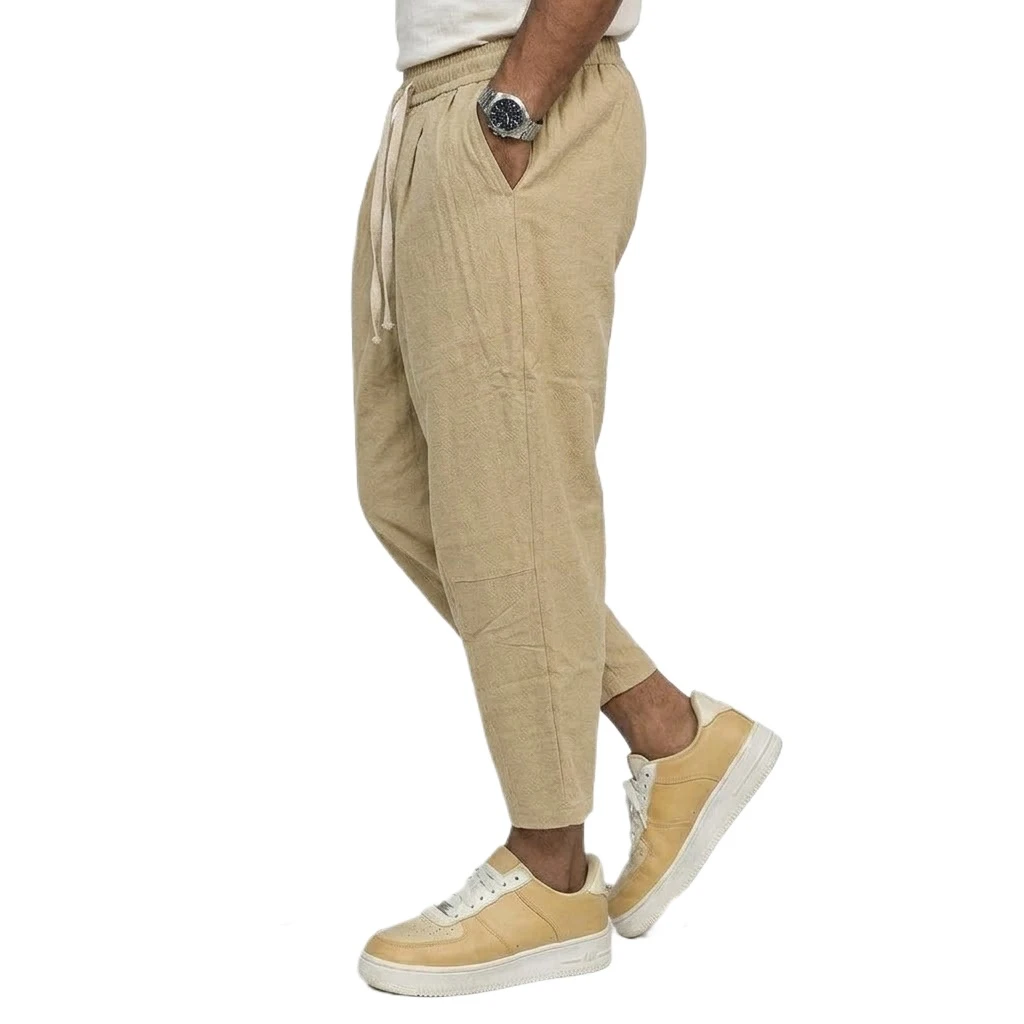 Men's Trousers Cotton Baggy Pants Casual Linen Pants Solid Color Breathable Loose Shorts Straight Drawstring Pants Gym Men Work