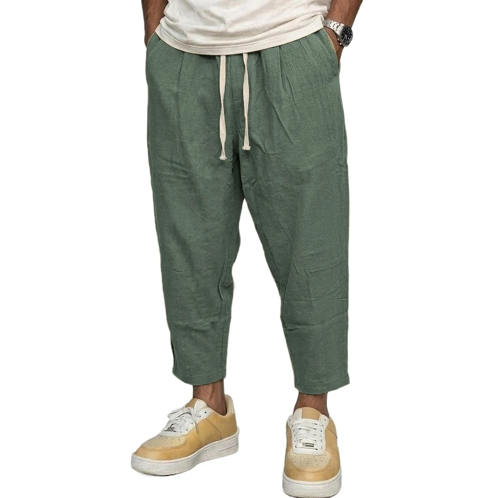 Men's Trousers Cotton Baggy Pants Casual Linen Pants Solid Color Breathable Loose Shorts Straight Drawstring Pants Gym Men Work