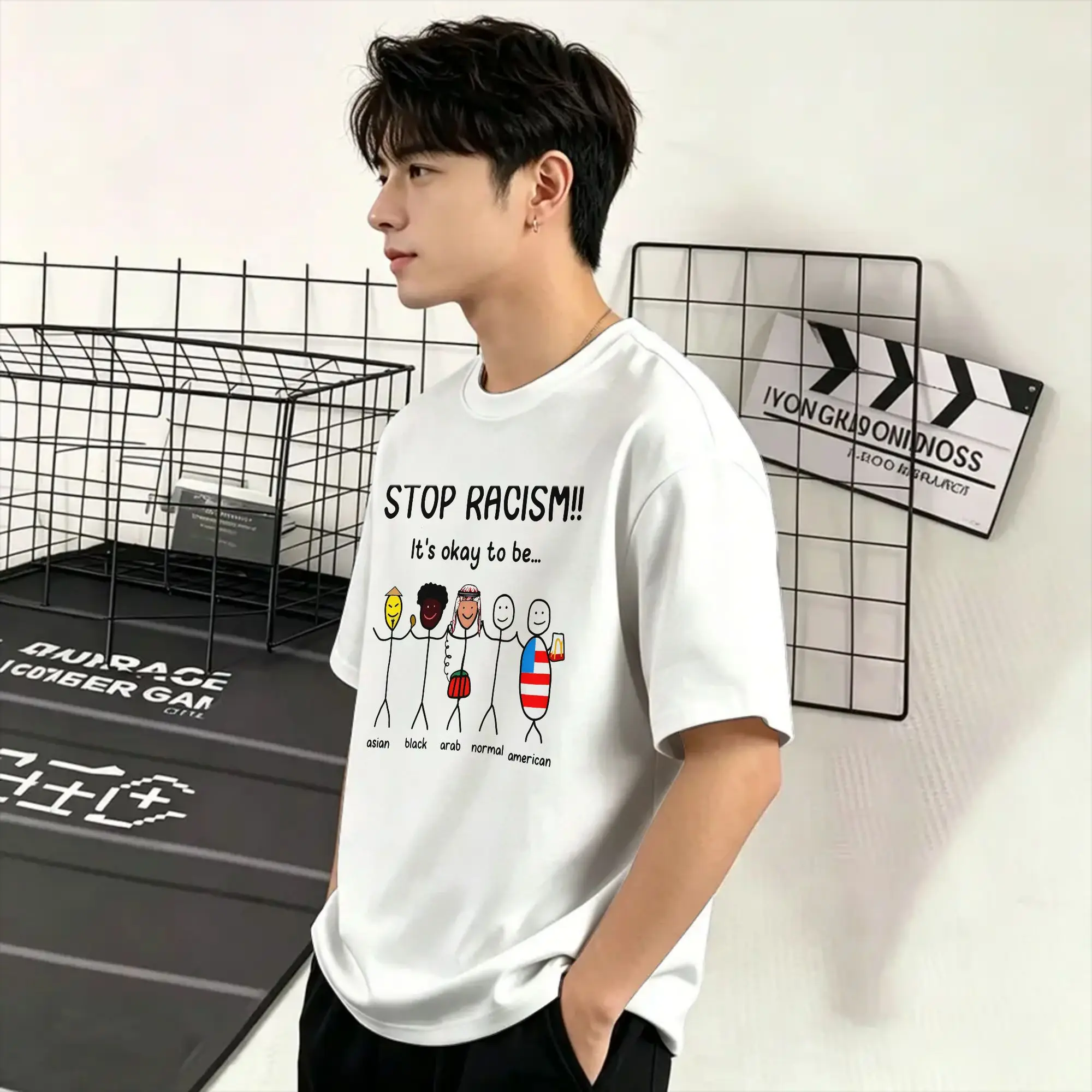 Unique Stop Racism Its Ok to Be T-Shirt Men Crewneck Cotton T Shirt Short Sleeve Tees Birthday Gift Clothing