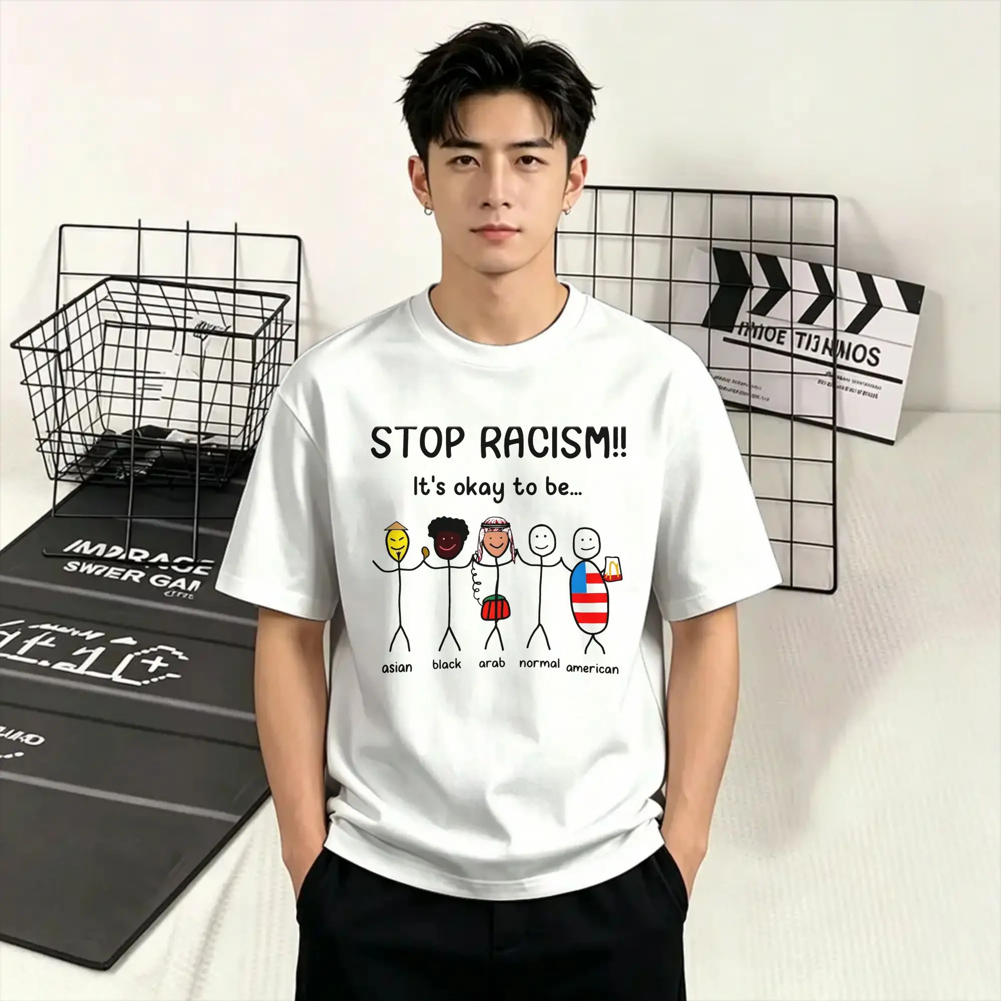 Unique Stop Racism Its Ok to Be T-Shirt Men Crewneck Cotton T Shirt Short Sleeve Tees Birthday Gift Clothing