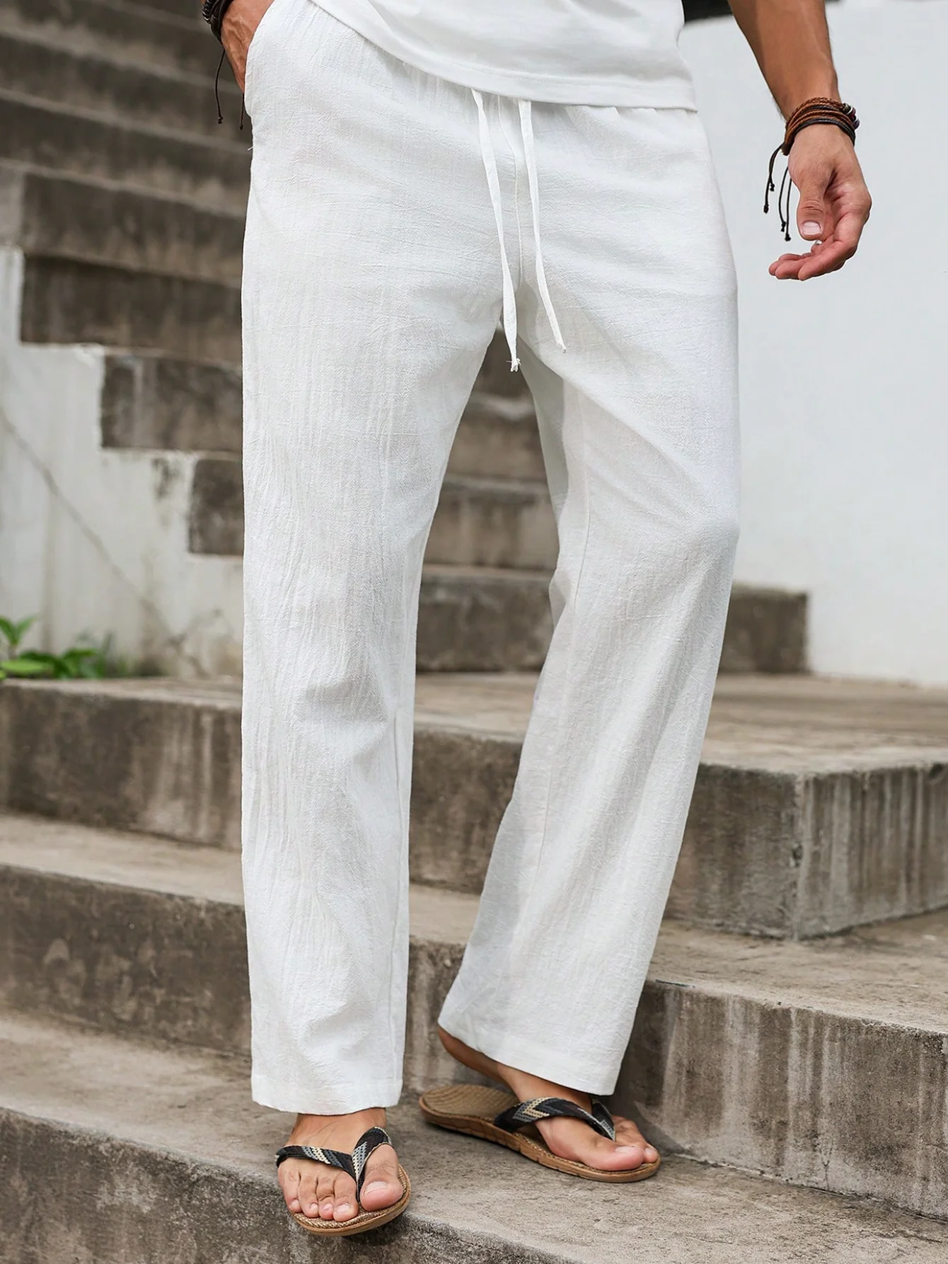 Autumn Winter New Linen Straight-Cut Leisure Pants for Men, Breathable Lightweight Beach-Style Cotton-Linen Long Pants