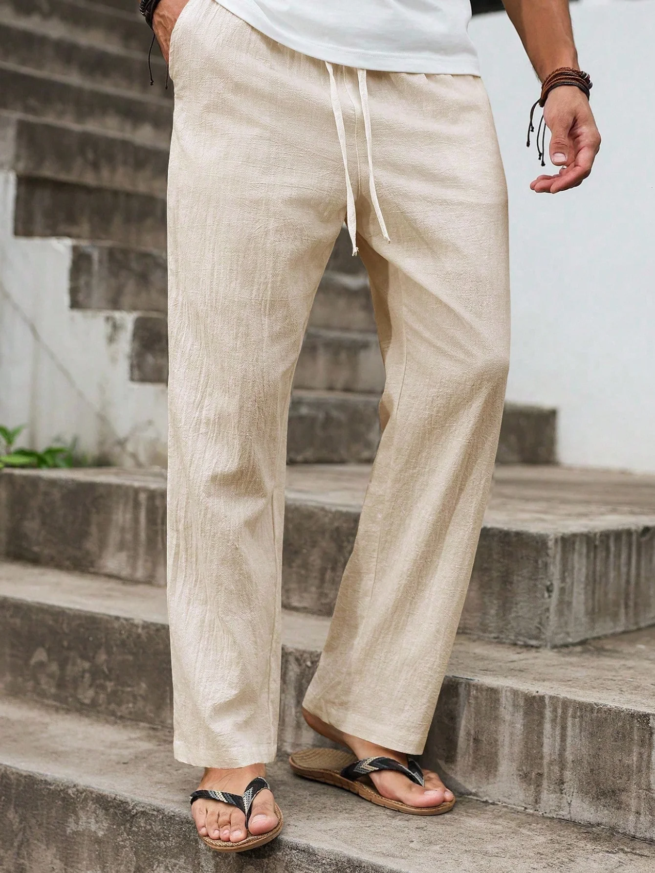 Autumn Winter New Linen Straight-Cut Leisure Pants for Men, Breathable Lightweight Beach-Style Cotton-Linen Long Pants
