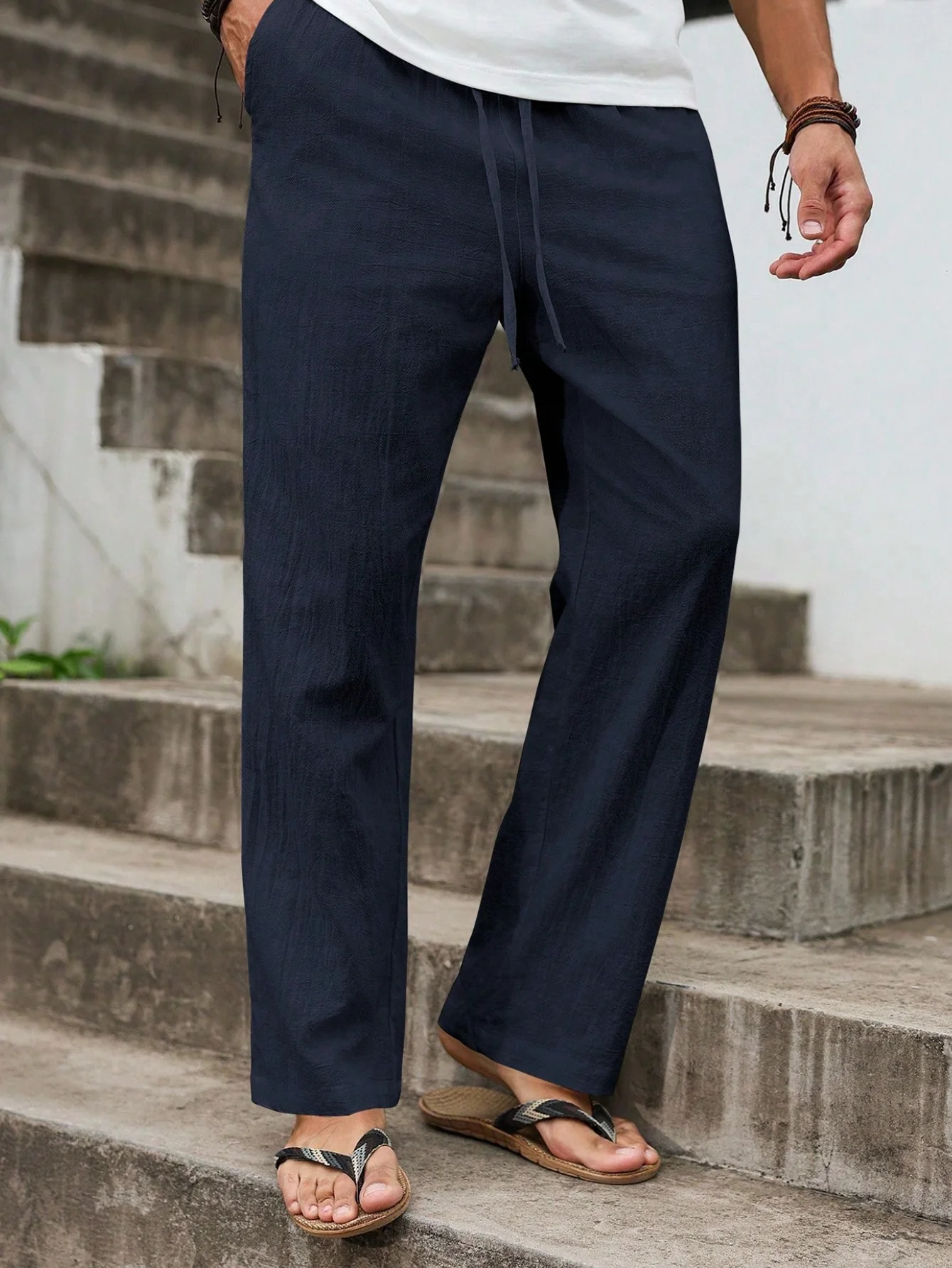 Autumn Winter New Linen Straight-Cut Leisure Pants for Men, Breathable Lightweight Beach-Style Cotton-Linen Long Pants