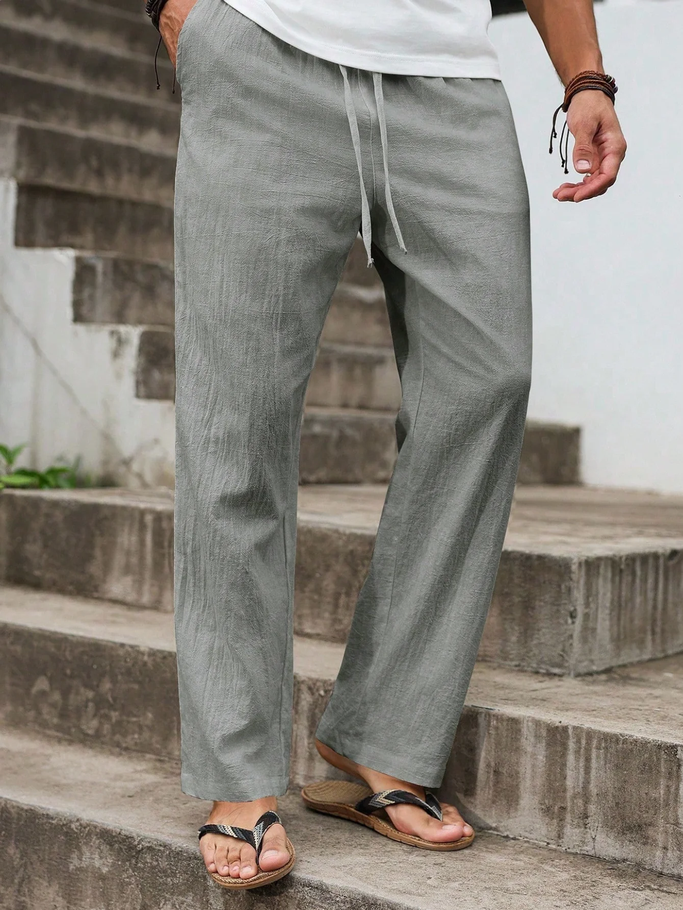Autumn Winter New Linen Straight-Cut Leisure Pants for Men, Breathable Lightweight Beach-Style Cotton-Linen Long Pants
