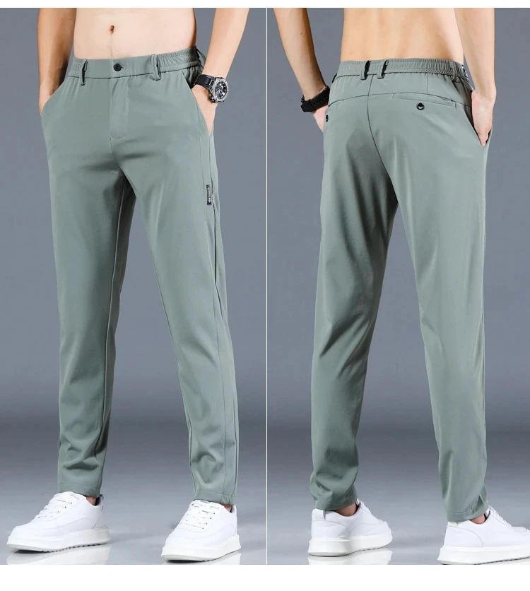 2024 Summer New Thin Ice Silk Stretch Men's Pants Casual Elastic Waist Smooth Trouser Pants Male Brand Clothing 5 Colour