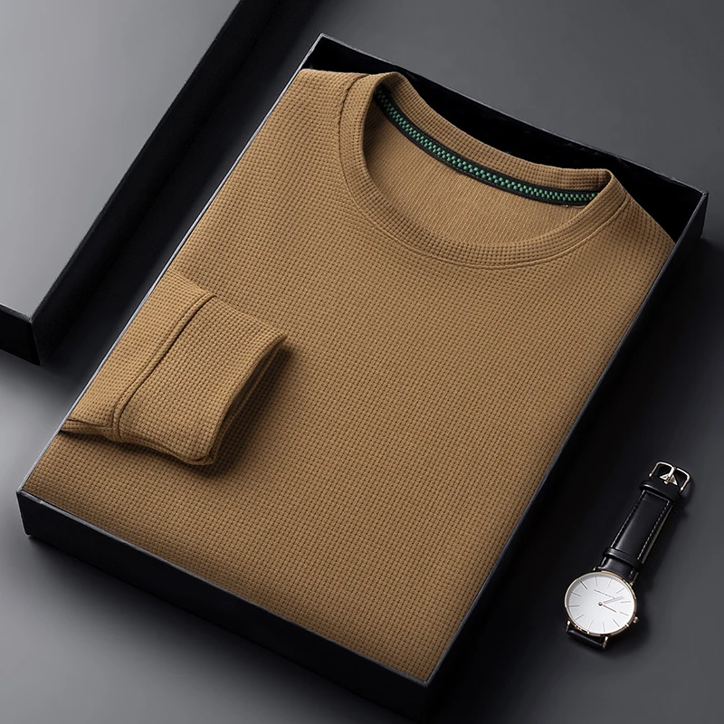 Men's Casual Waffle Round Neck T-shirt Breathable, Comfortable and Fashionable Long Sleeved T-shirt