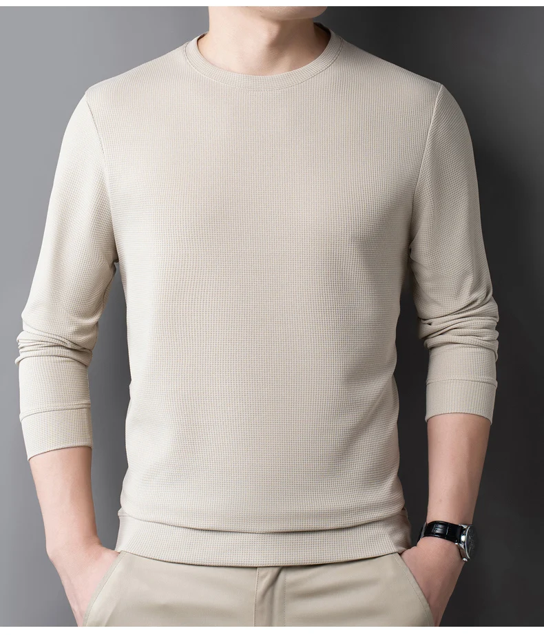 Men's Casual Waffle Round Neck T-shirt Breathable, Comfortable and Fashionable Long Sleeved T-shirt