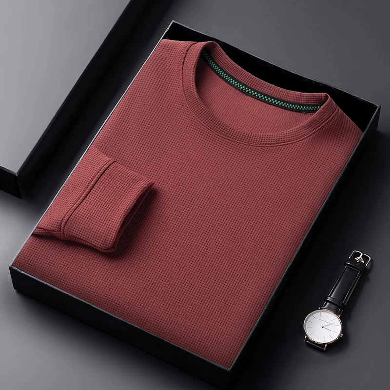 Men's Casual Waffle Round Neck T-shirt Breathable, Comfortable and Fashionable Long Sleeved T-shirt
