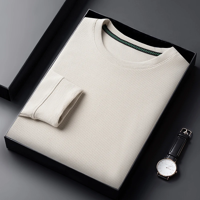 Men's Casual Waffle Round Neck T-shirt Breathable, Comfortable and Fashionable Long Sleeved T-shirt