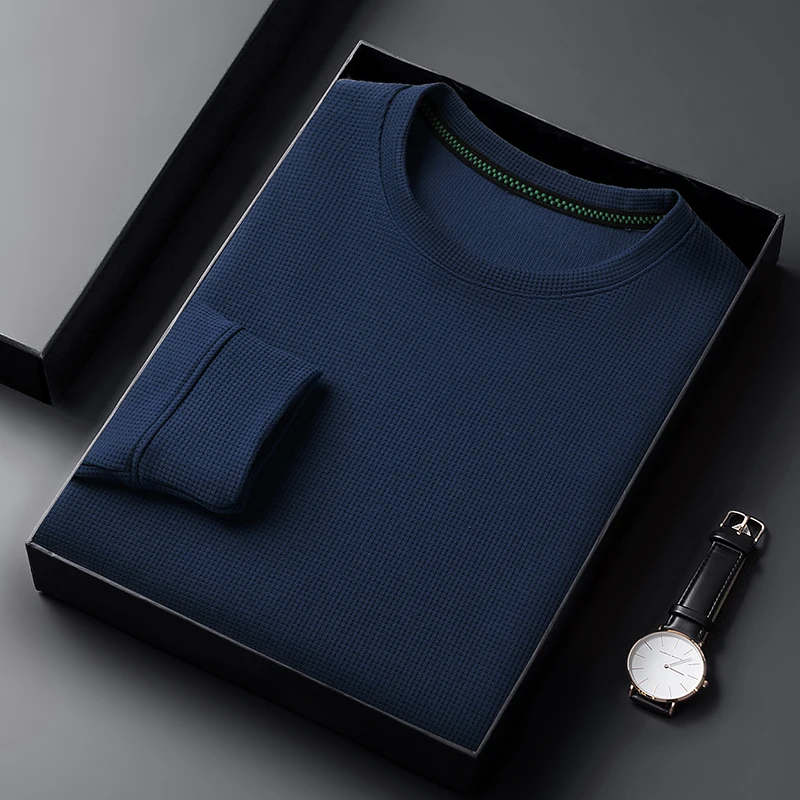Men's Casual Waffle Round Neck T-shirt Breathable, Comfortable and Fashionable Long Sleeved T-shirt