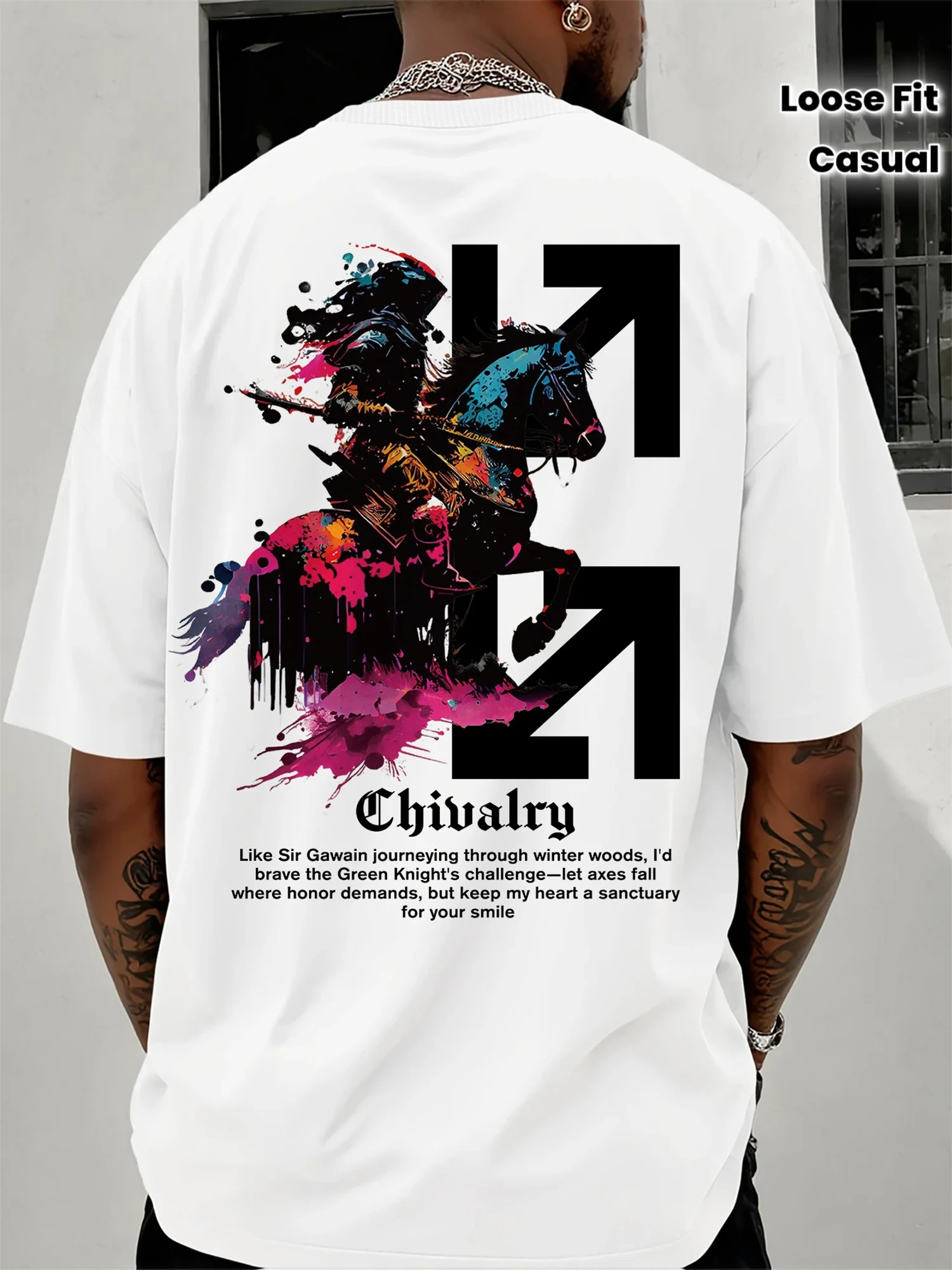 Mens Summer Casual Short-sleeved T-shirt with Knight and Axe Pattern Round Neck Design Loose Fit Comfortable Fabric Trendy Style
