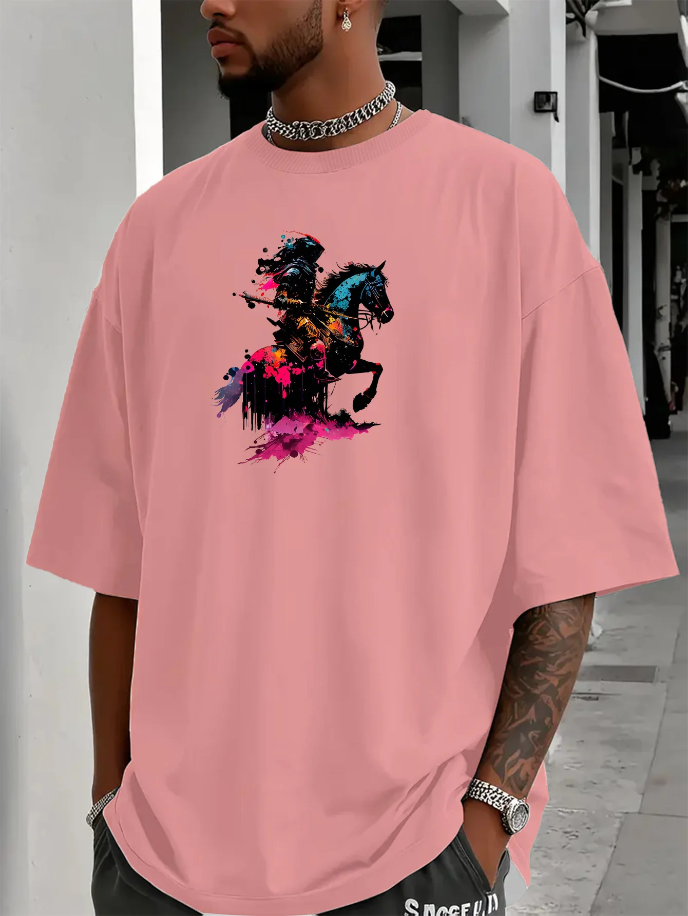 Mens Summer Casual Short-sleeved T-shirt with Knight and Axe Pattern Round Neck Design Loose Fit Comfortable Fabric Trendy Style