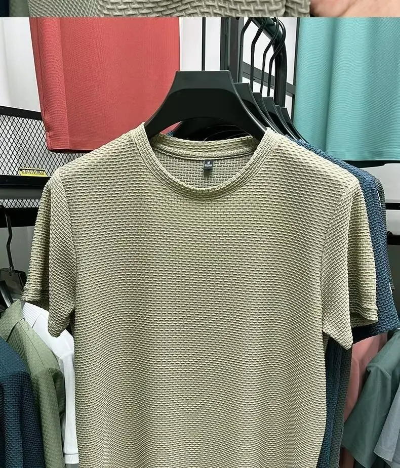 Mesh Ice Silk T-shirt Men's Short sleeved Round Neck New T-sleeved Men's Bottom Shirt Summer Solid Color Men's Top