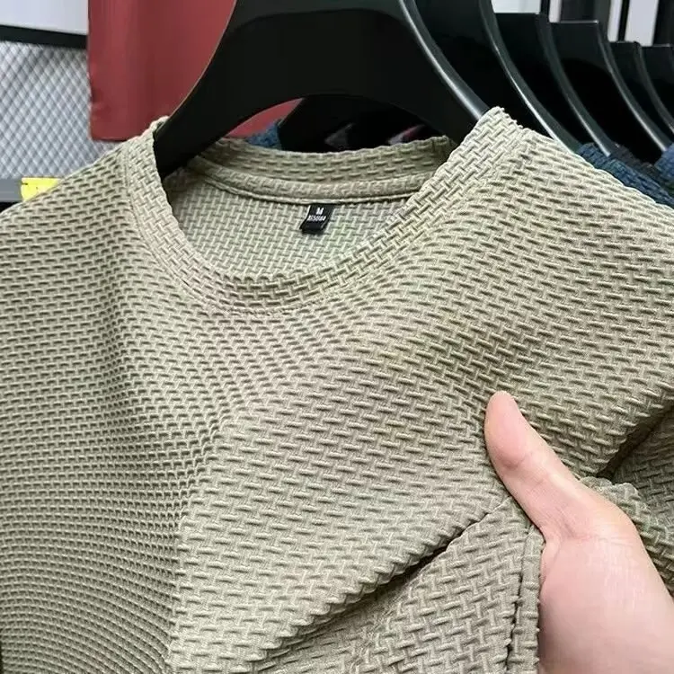 Mesh Ice Silk T-shirt Men's Short sleeved Round Neck New T-sleeved Men's Bottom Shirt Summer Solid Color Men's Top