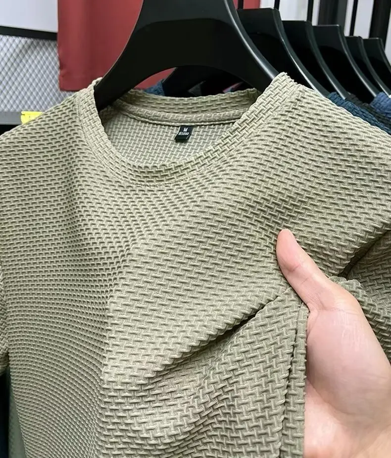 Mesh Ice Silk T-shirt Men's Short sleeved Round Neck New T-sleeved Men's Bottom Shirt Summer Solid Color Men's Top