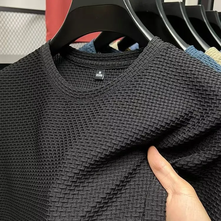 Mesh Ice Silk T-shirt Men's Short sleeved Round Neck New T-sleeved Men's Bottom Shirt Summer Solid Color Men's Top