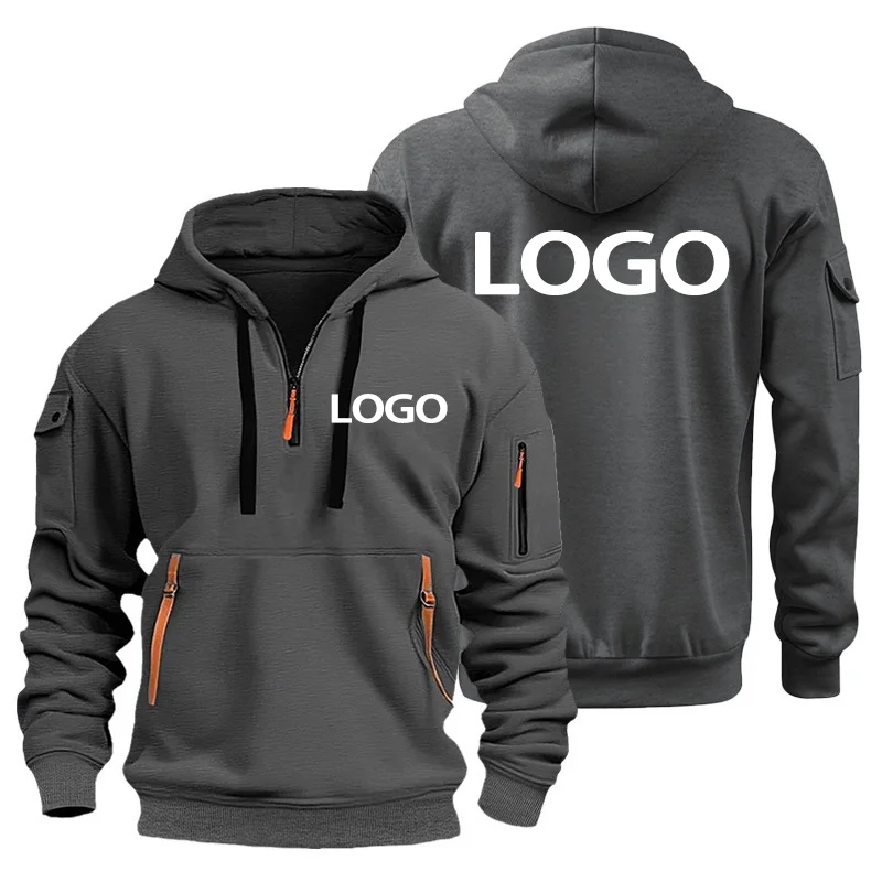 New European Men's Sports Sweater with Zipper and Arm Pockets, Customize Your Logo, Hooded Sweater Cover And