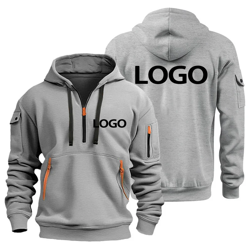 New European Men's Sports Sweater with Zipper and Arm Pockets, Customize Your Logo, Hooded Sweater Cover And