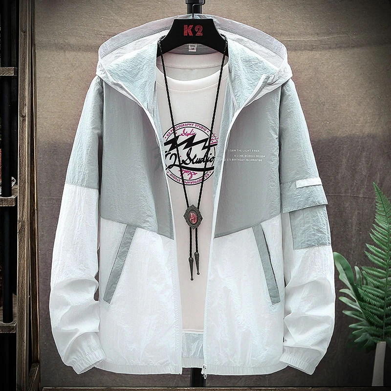 Summer Men's Sun Protection Shirt Thin Quick Drying Hood Windproof Jacket Breathable Letter Print Casual and Versatile Cardigan