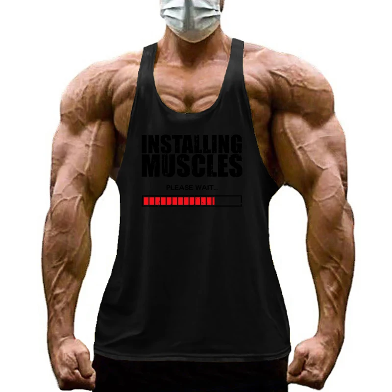 Installing Muscles Please Wait Y-back Tank Tops Gym Fitness Bodybuilding Sport Shirt Mens Cotton Breathable Sleeveless Singlets