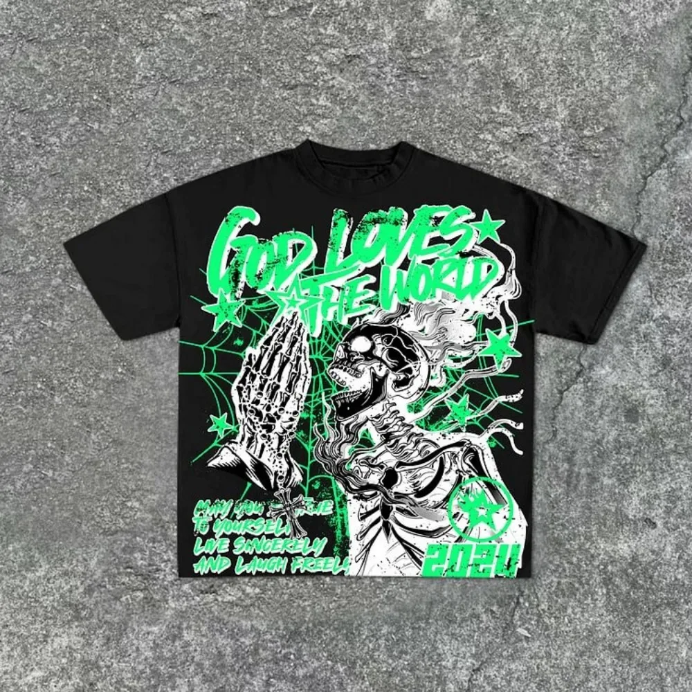 Fashionable new men's personalized skull graffiti print, comfortable and breathable round neck T-shirt outdoor street style top