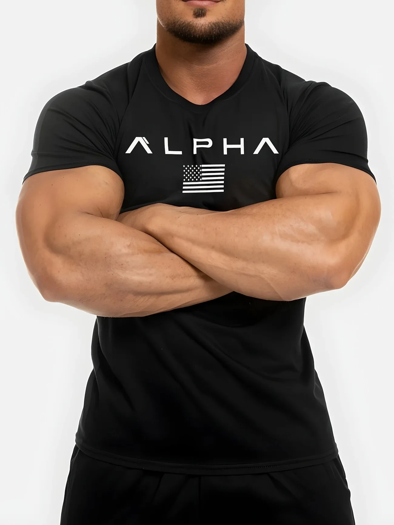 2026 New Summer Men's ALPHA Print Muscle T-Shirt Slim Fit Short Sleeve Breathable Quick Dry Gym Workout Fitness Casual Tops