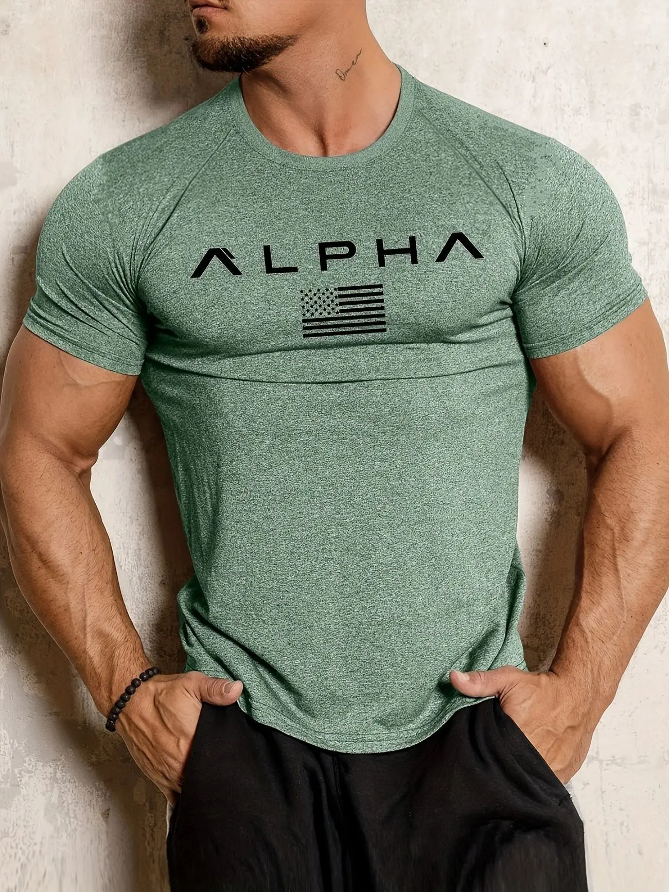 2026 New Summer Men's ALPHA Print Muscle T-Shirt Slim Fit Short Sleeve Breathable Quick Dry Gym Workout Fitness Casual Tops