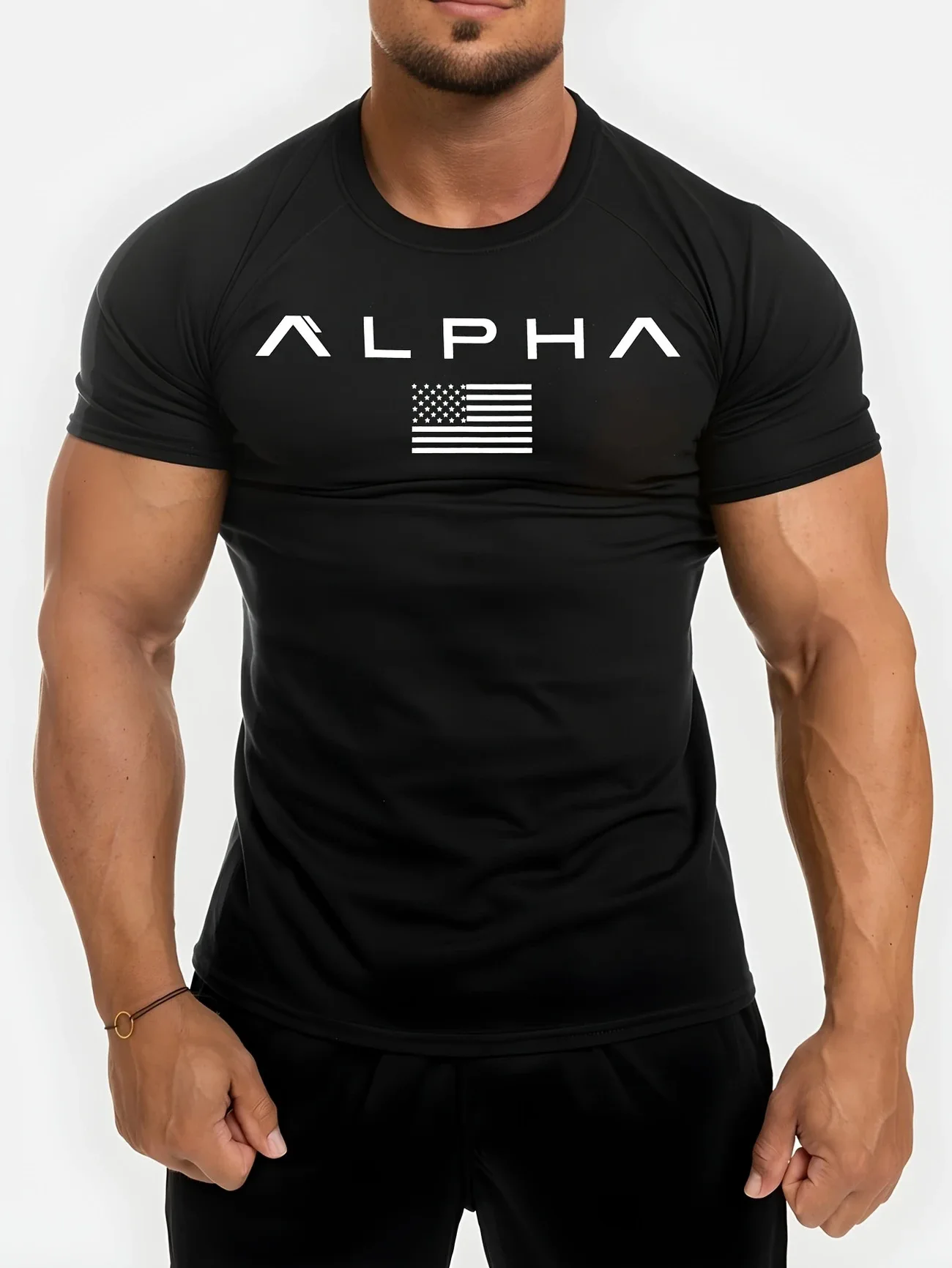 2026 New Summer Men's ALPHA Print Muscle T-Shirt Slim Fit Short Sleeve Breathable Quick Dry Gym Workout Fitness Casual Tops
