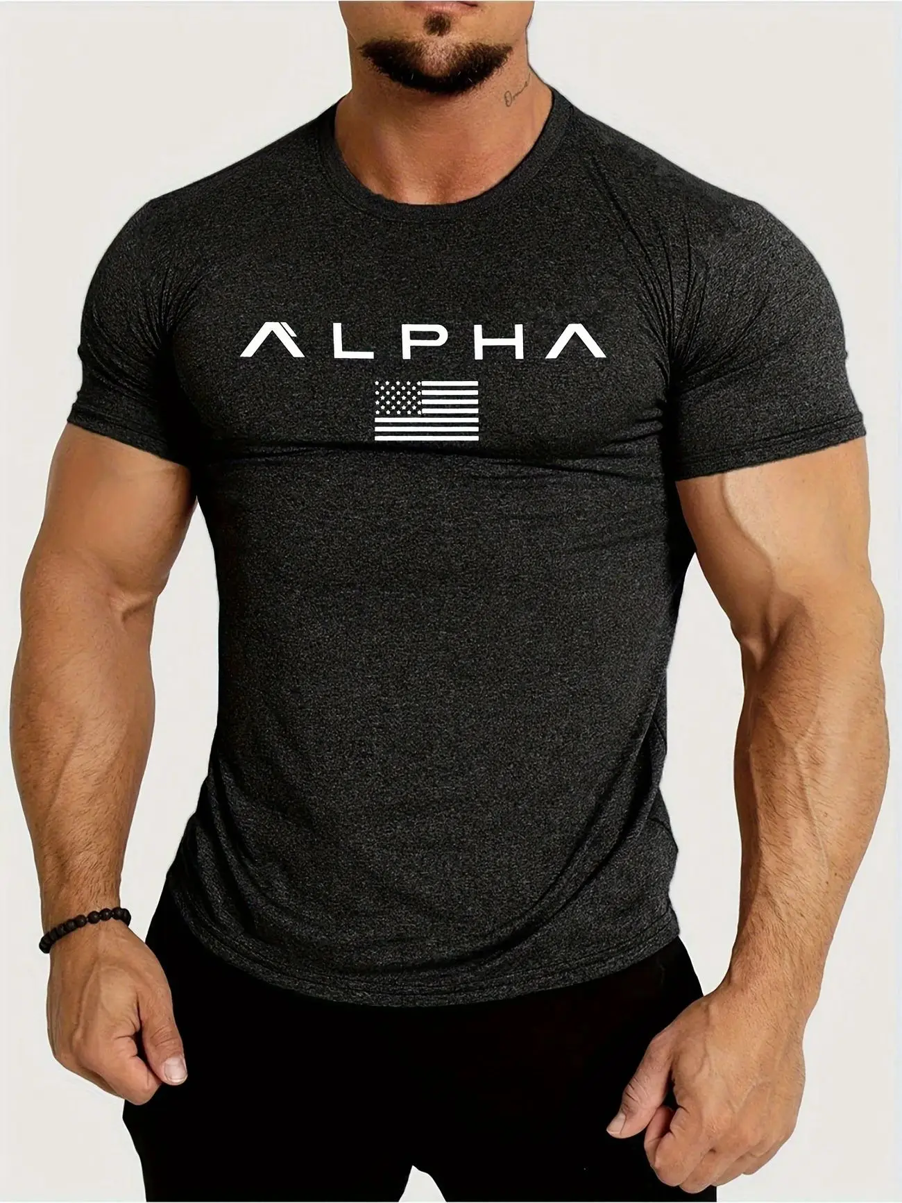 2026 New Summer Men's ALPHA Print Muscle T-Shirt Slim Fit Short Sleeve Breathable Quick Dry Gym Workout Fitness Casual Tops